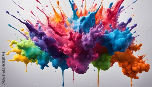 Vibrant explosion of colorful powder paint splatter against white background