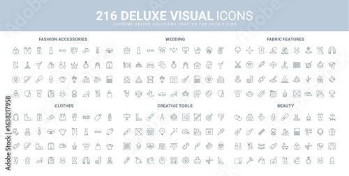 Creative tools and software for art idea, wedding and makeup, fashion line icon set. Fabric feature for clothes and uniform, accessory of man and woman thin black outline symbols vector illustration