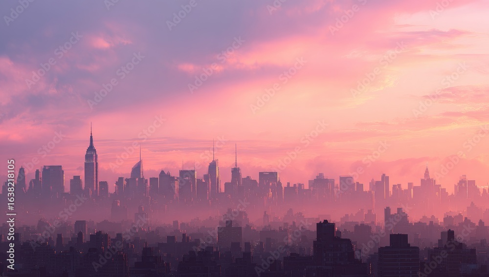 Fototapeta premium Dreamlike cityscape at sunrise/sunset, hazy atmosphere, silhouettes of skyscrapers against a pastel pink and orange sky