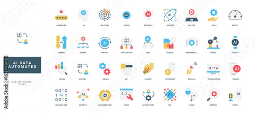 Modern flat style icons representing AI, automation, data, security, cloud, translation, and digital technology concepts for advanced artificial intelligence systems isolated vector illustration