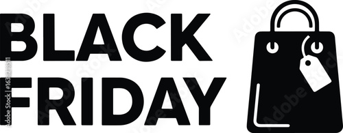 Black Friday promotional graphic featuring bold text and a shopping bag with a price tag.