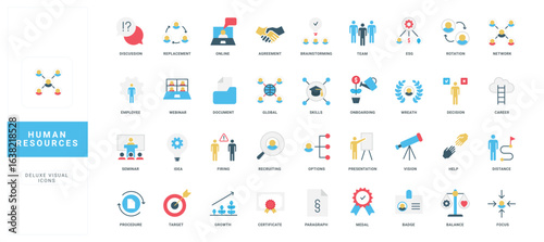 Human resources, recruiting and team training, rotation and firing, ESG color icon set. Employment and company organization, handshake of partners, employee search and choice flat vector illustration