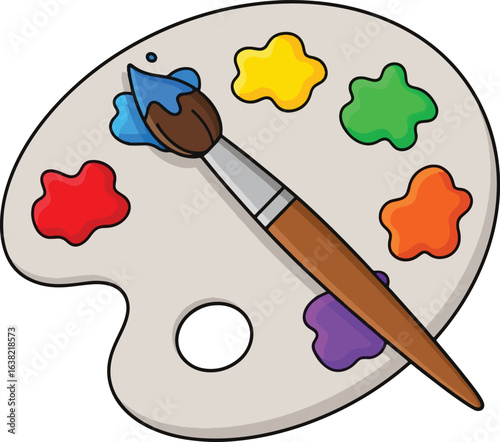 A cartoon artist's palette with colorful blobs of paint and a paintbrush dipped in blue.