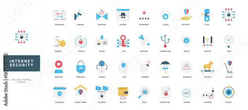 Modern flat design icons representing internet security concepts like hacking, phishing, passwords, cloud, and protection for cybersecurity awareness and digital safety vector illustration