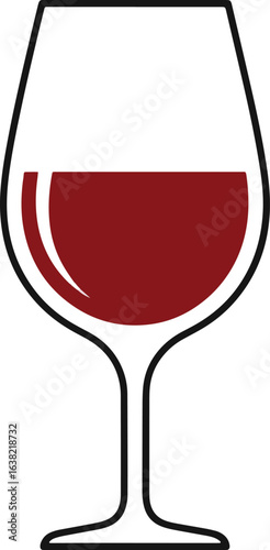 A simple graphic illustration of a classic wine glass filled with dark red wine.