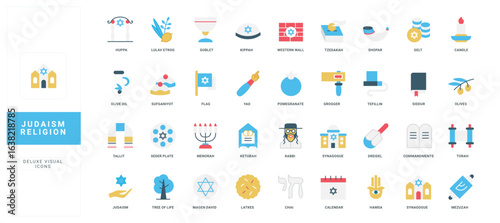 Jewish religion icons including synagogue, menorah, Torah, Star of David, rabbi, and traditional objects for education, culture, and holiday design vector illustration