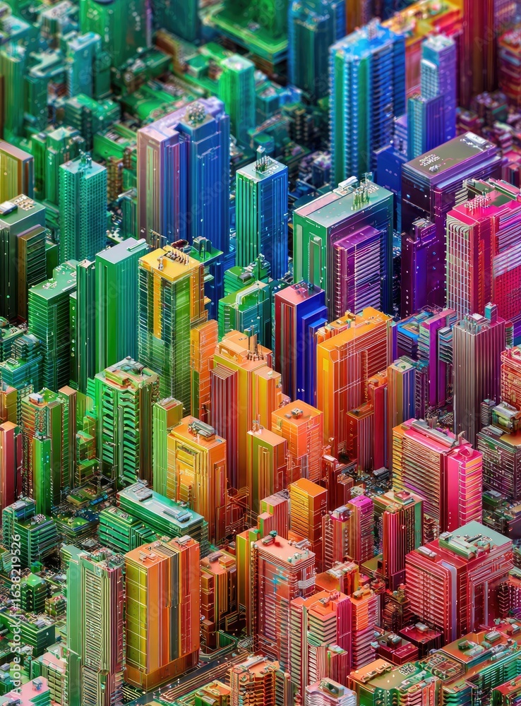 Obraz premium A vibrant, stylized cityscape rendered in a multicolored, low-polygonal style, exhibiting dense, towering structures with a bird's-eye perspective
