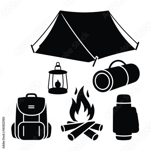 A collection of black silhouette icons representing essential camping equipment for outdoor adventures and survival.