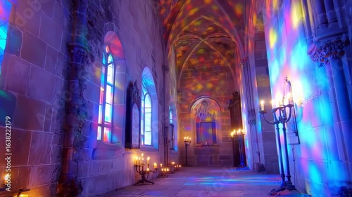 Colorful Candlelit Church Aisle, Dynamic Light Show