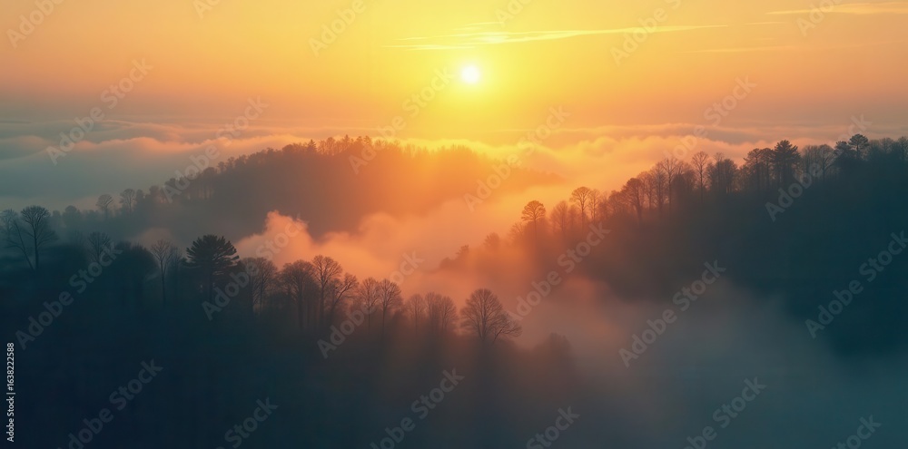 Fototapeta premium Golden hour illuminates dense fog-shrouded trees, creating mystical scene , light, mystical, background