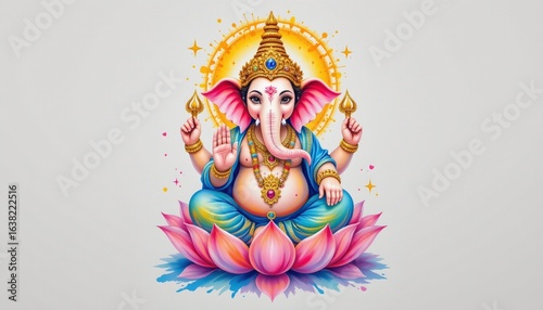 watercolor ganesha with halo and lotus, no people