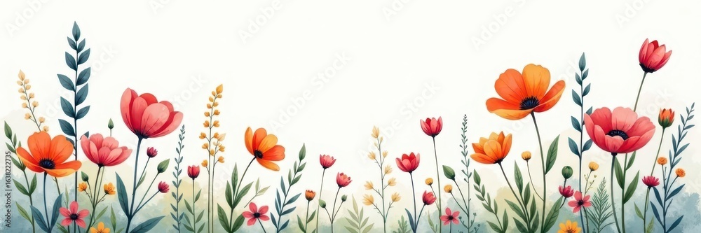 Fototapeta premium Loose hand-drawn style wildflowers, soft watercolor background, nature inspired , field, pretty, soft