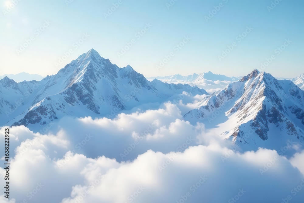 Fototapeta premium Serene snowy mountain tops shrouded in soft clouds , image, travel, day