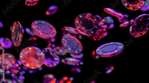 Vibrant Poker Chips Falling in Neon Casino Scene