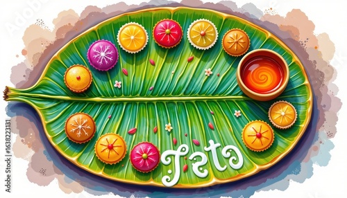 watercolor banana leaf thali with sweets, indian custom, no people