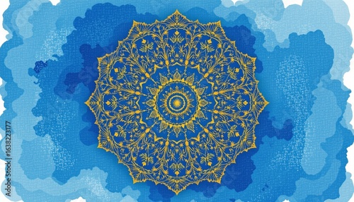 watercolor gold mandala on blue background, indian motif, no people