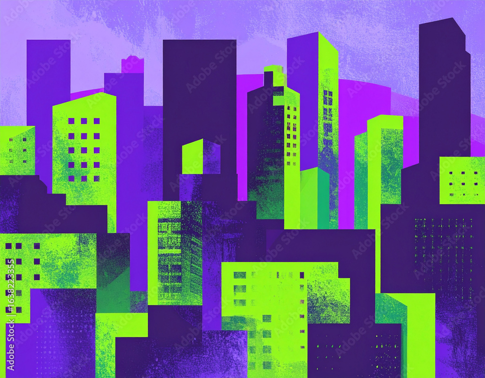 Naklejka premium Bold Risograph graphic of abstract city skyline with exaggerated architectural shapes, vibrant color gradients from purple to neon green image