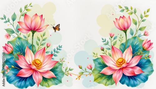 watercolor lotus garland with gold thread, indian faith, no people