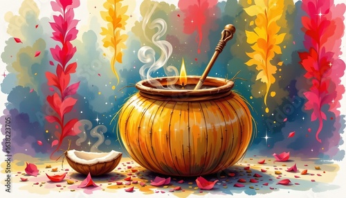 watercolor sacred pot with coconut, indian festival, no people