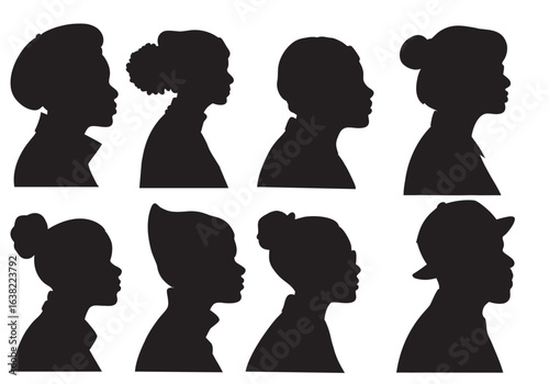 silhouette of Man women girl boy head profile set