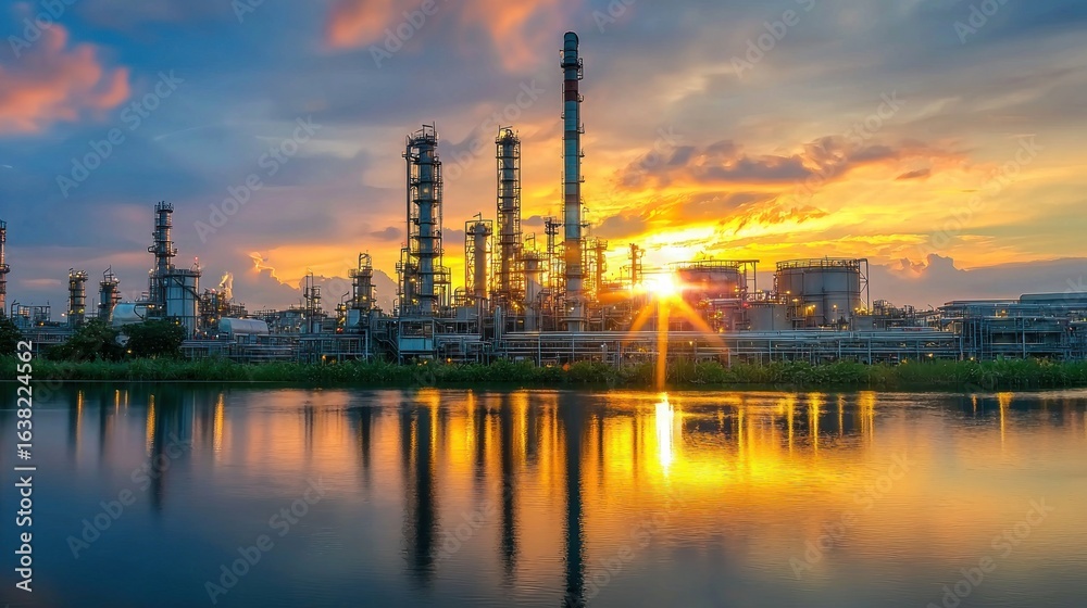 Fototapeta premium A large oil refinery with a sunset in the background, featuring tall industrial structures and a calm body of water.