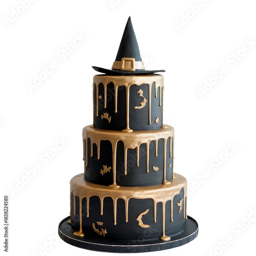 Threetier halloween cake with witch hat isolated on transparent background, a spooky and festive dessert for a party
