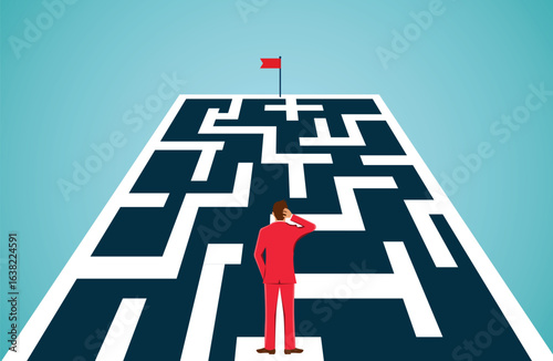 Businessman are standing looking at the target with obstacles as maze holes blocking the path. going towards business success goal. leadership. creative idea.  illustration cartoon vector