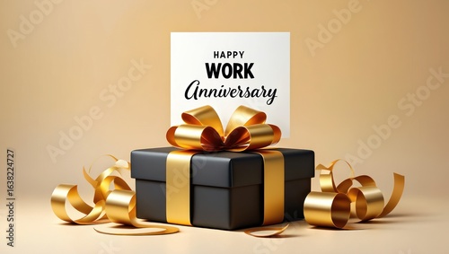 Elegant black gift box with gold ribbon and happy work anniversary message