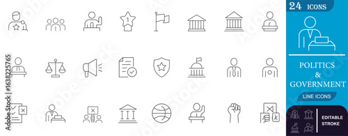 Minimal line icons set for politics and government featuring leaders, parliament, election, justice, protest, and law symbols. Perfect for civic, legal, and campaign projects.