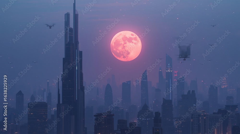 Fototapeta premium High-quality image of futuristic cityscape with a large red moon and flying vehicles at dusk
