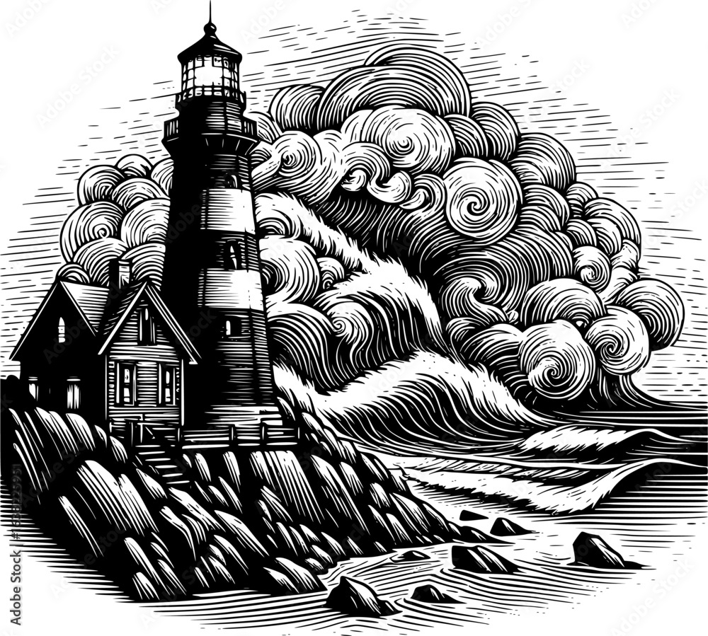 Fototapeta premium Black and white vector of an old lighthouse on rocky shore with dramatic waves in line art style