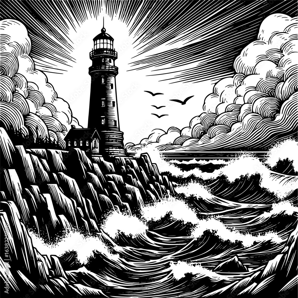Fototapeta premium Black and white vector of an old lighthouse on rocky shore with dramatic waves in line art style