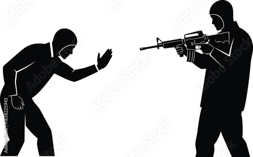 Silhouette of armed man confronting unarmed figure, dramatic scene, tension, danger, conflict, fear, violence, emotional impact, conceptual illustration