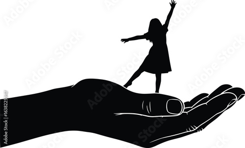 Silhouette of person dancing on giant hand, symbolizing support, freedom, creativity, protection, abstract concept, artistic expression, visual metaphor