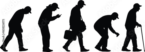 Silhouettes of human life stages, evolution of posture and activity, aging process, technology impact, walking, bending, standing, cane use