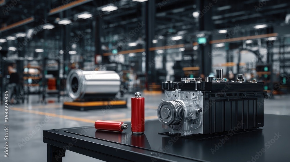 Fototapeta premium High-voltage battery module for electric vehicle placed on industrial table