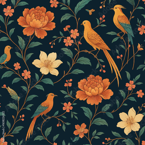 Elegant chinoiserie-style illustration featuring vibrant orange and cream flowers intertwined with detailed birds on a dark background, perfect for luxury wallpaper, textiles, and decorative design pr