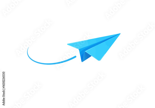 A vibrant blue paper airplane, origami style, in flight, against a white background.
