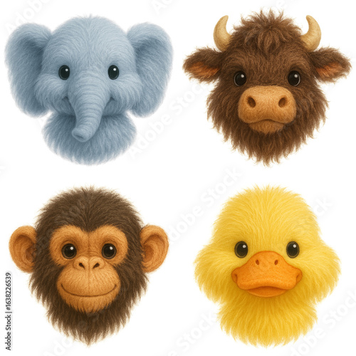 A charming collection of 3D plush animal heads featuring an elephant, bison, monkey, and duck. Each character is crafted with soft, fluffy textures and adorable round shapes, perfect for kids’ designs