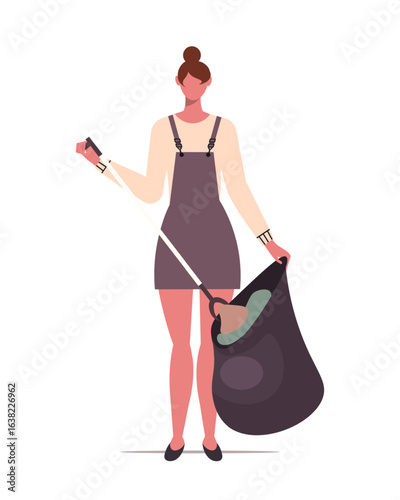 Female volunteer using a trash picker to collect garbage it into trash bag. Commit to protecting nature and creating a cleaner world. Vector Not AI generated