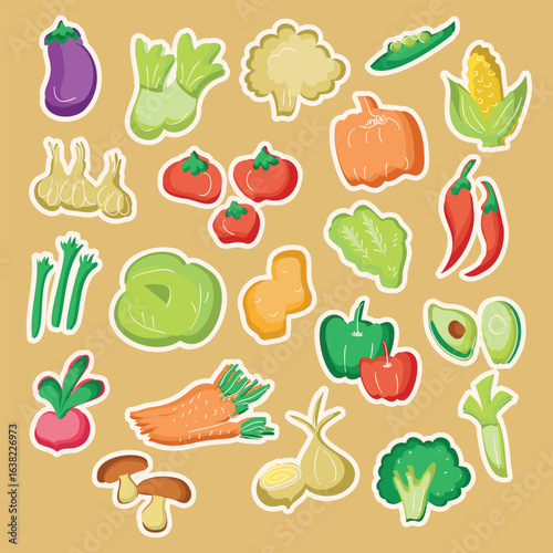 Healthy food doodle sticker pack.  Colorful delivery cafe and restaurant icons. Set vector illustration doodles of food, vegetables for invitations, menus and parties. 