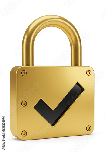 A golden padlock with a black checkmark on its face, standing on a white surface.