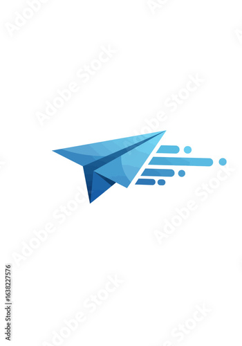 A stylized blue paper airplane flies swiftly, leaving digital motion trails, symbolizing speed and communication.