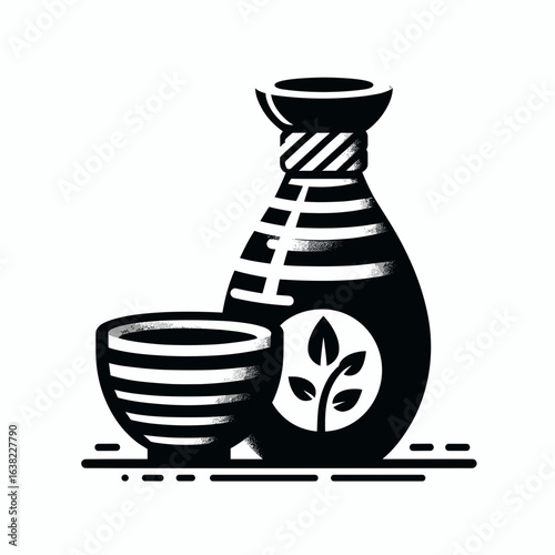 Stylized ceramic sake bottle and cup with leaf motif on white background