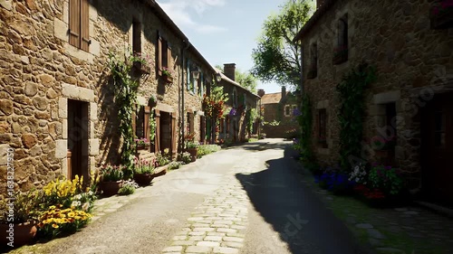 French Countryside Village in Spring with Stone Houses and Flower Gardens
