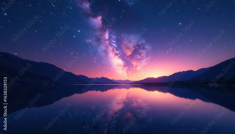Fototapeta premium Vast, star-studded sky mirrored in calm lake waters , nature, night, quiet