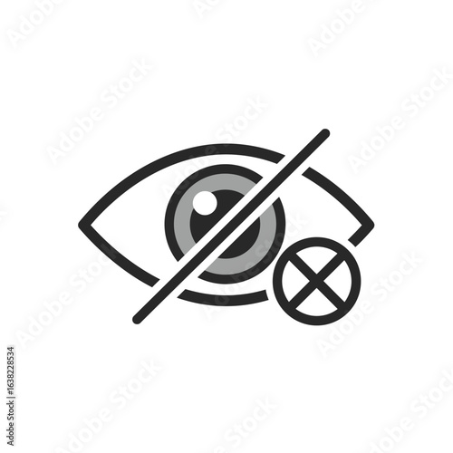 A stylized graphic icon representing an eye with a diagonal line through it and a circle with an 'X' inside, signifying prohibition or lack of visibility.