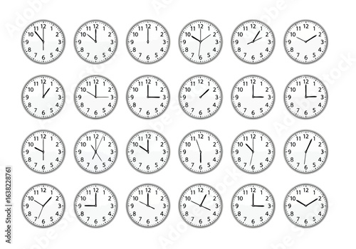 Vector illustration of a collection of many analog clocks showing different times, isolated on a white background, representing time management