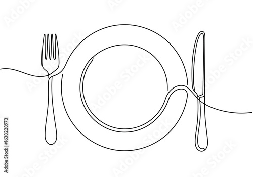 Vector illustration of minimalist single line drawing of a plate with a fork and knife, representing dining and a meal