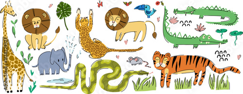 Funny fierce tropical animals set. Playful kid friendly vector illustrations. Cute predators.